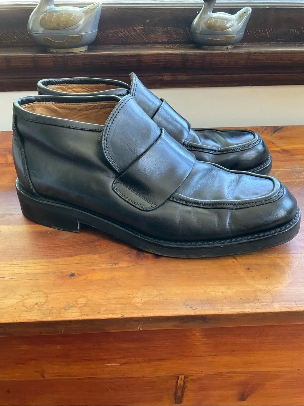 Men's Black Leather Moc Toe Ankle Boots, Sz 45